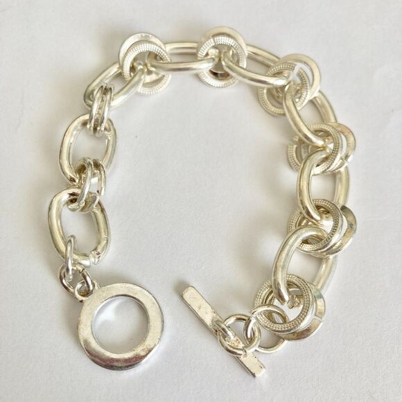 Rolo Curb Link Chain Bracelet with Toggle Clasp Silver Plated Vintage Stock 7.5" - Picture 5 of 8